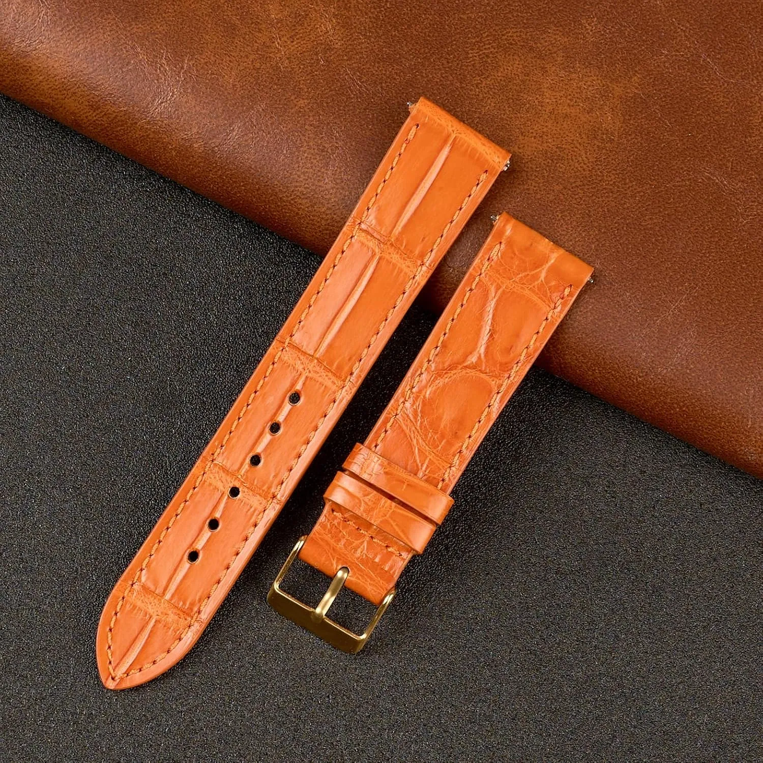 Day Gift for Dad Son Husband DH-NO-153G-19MM 19mm Flat Orange Leather Watch Band Quick Release Handmade Leather Strap Slim Croc honeybee asleep Replacement Wristband for Men Stainless Steel Buckle Christmas Father's 