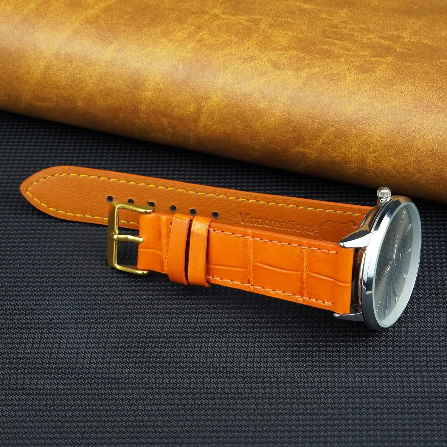 Day Gift for Dad Son Husband DH-NO-153G-19MM 19mm Flat Orange Leather Watch Band Quick Release Handmade Leather Strap Slim Croc honeybee asleep Replacement Wristband for Men Stainless Steel Buckle Christmas Father's 