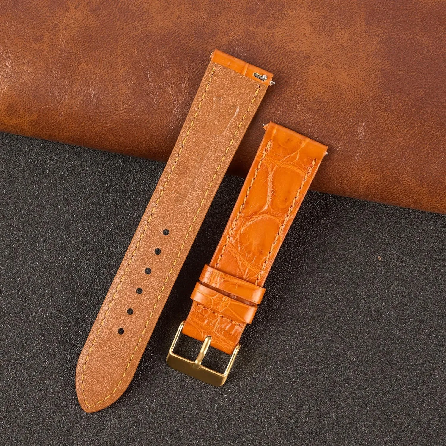 Day Gift for Dad Son Husband DH-NO-153G-19MM 19mm Flat Orange Leather Watch Band Quick Release Handmade Leather Strap Slim Croc honeybee asleep Replacement Wristband for Men Stainless Steel Buckle Christmas Father's 