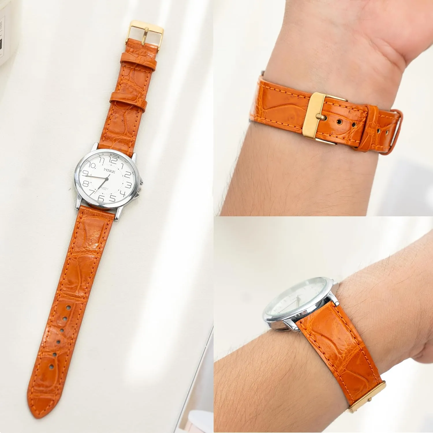 Day Gift for Dad Son Husband DH-NO-153G-19MM 19mm Flat Orange Leather Watch Band Quick Release Handmade Leather Strap Slim Croc honeybee asleep Replacement Wristband for Men Stainless Steel Buckle Christmas Father's 