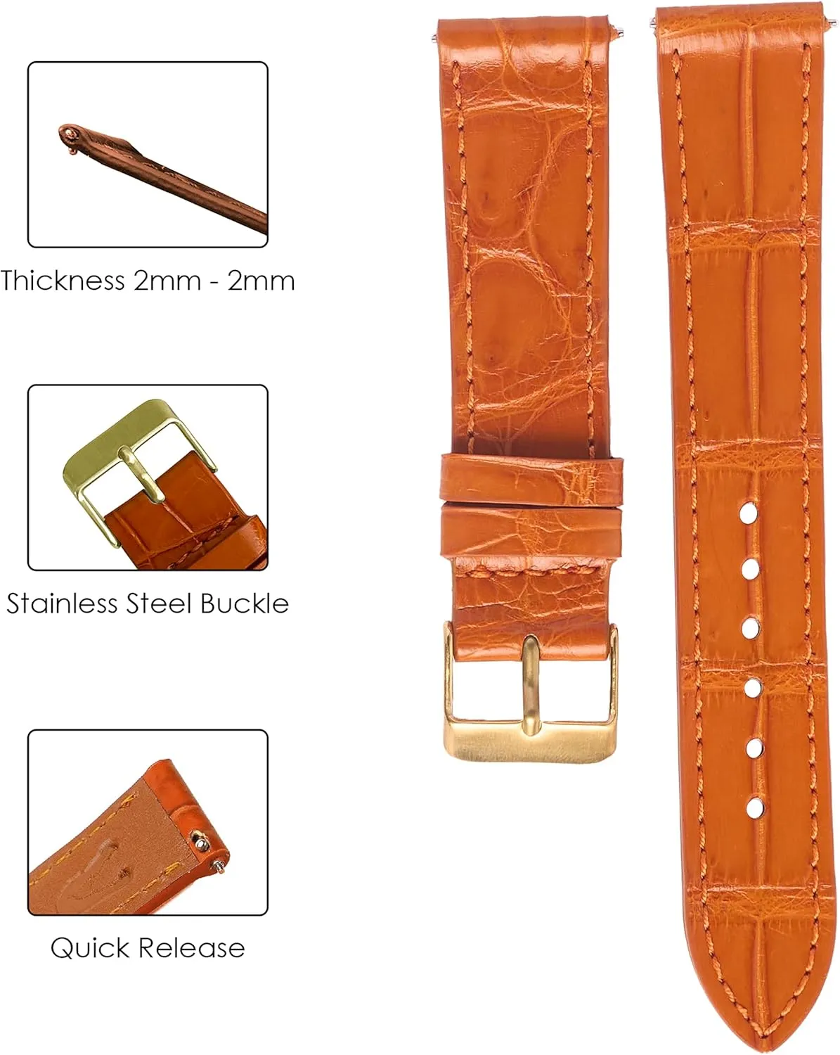 Day Gift for Dad Son Husband DH-NO-153G-19MM 19mm Flat Orange Leather Watch Band Quick Release Handmade Leather Strap Slim Croc honeybee asleep Replacement Wristband for Men Stainless Steel Buckle Christmas Father's 