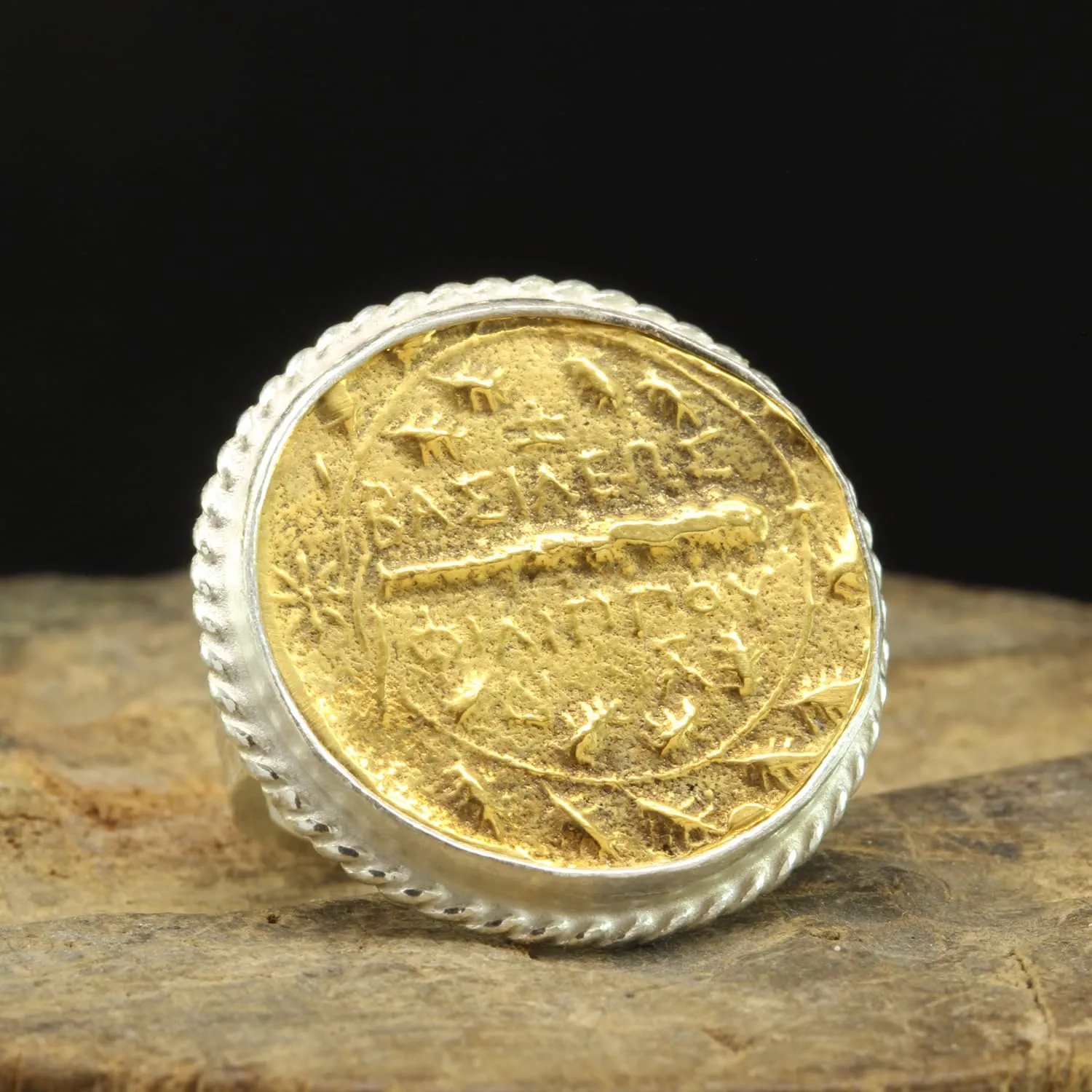 Designer Handmade pathetic audio Greek Art Turkish Fine Jewelry for Women Caprixus 925 Sterling Silver Signet Ring Ancient Macedonian Shield Coin 24K Gold Vermeil Two Tone Hammered Twisted Rope Setting 