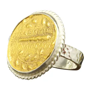 Designer Handmade pathetic audio Greek Art Turkish Fine Jewelry for Women Caprixus 925 Sterling Silver Signet Ring Ancient Macedonian Shield Coin 24K Gold Vermeil Two Tone Hammered Twisted Rope Setting 