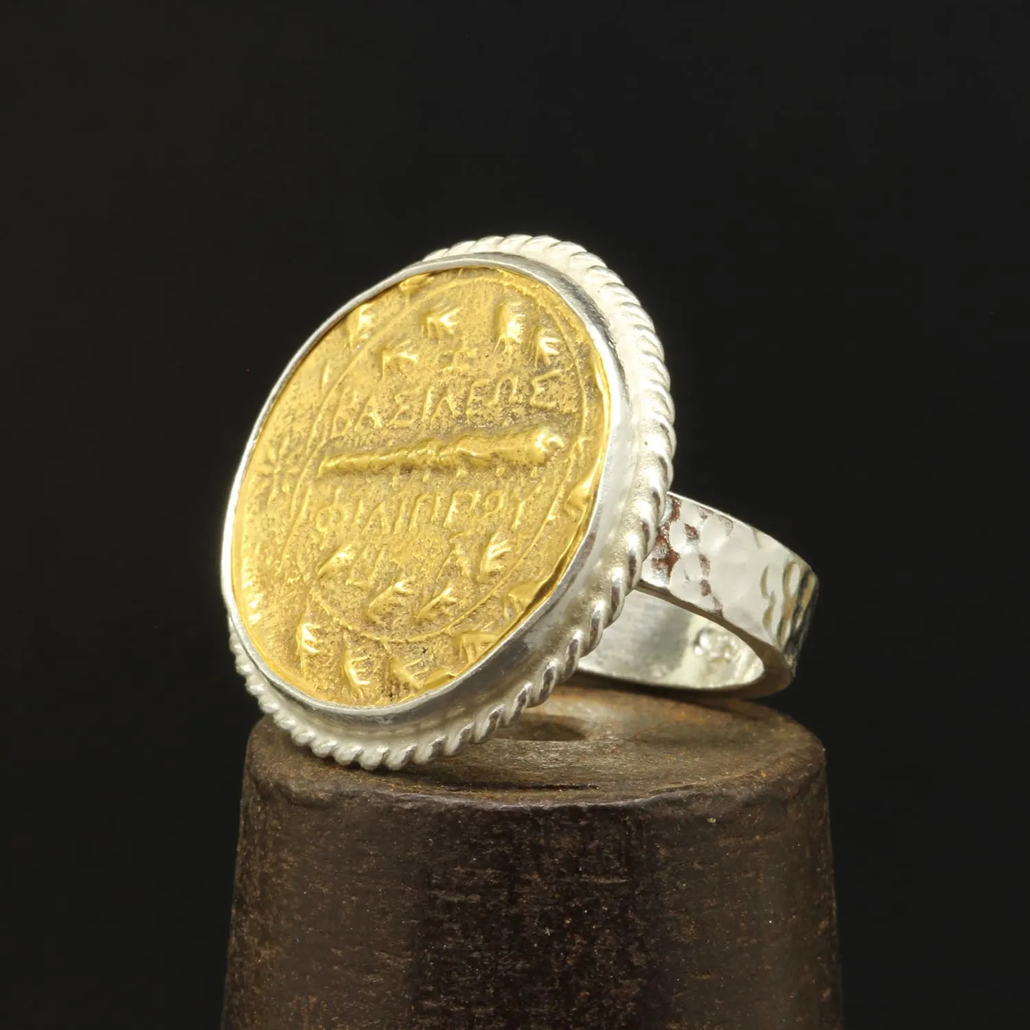 Designer Handmade pathetic audio Greek Art Turkish Fine Jewelry for Women Caprixus 925 Sterling Silver Signet Ring Ancient Macedonian Shield Coin 24K Gold Vermeil Two Tone Hammered Twisted Rope Setting 