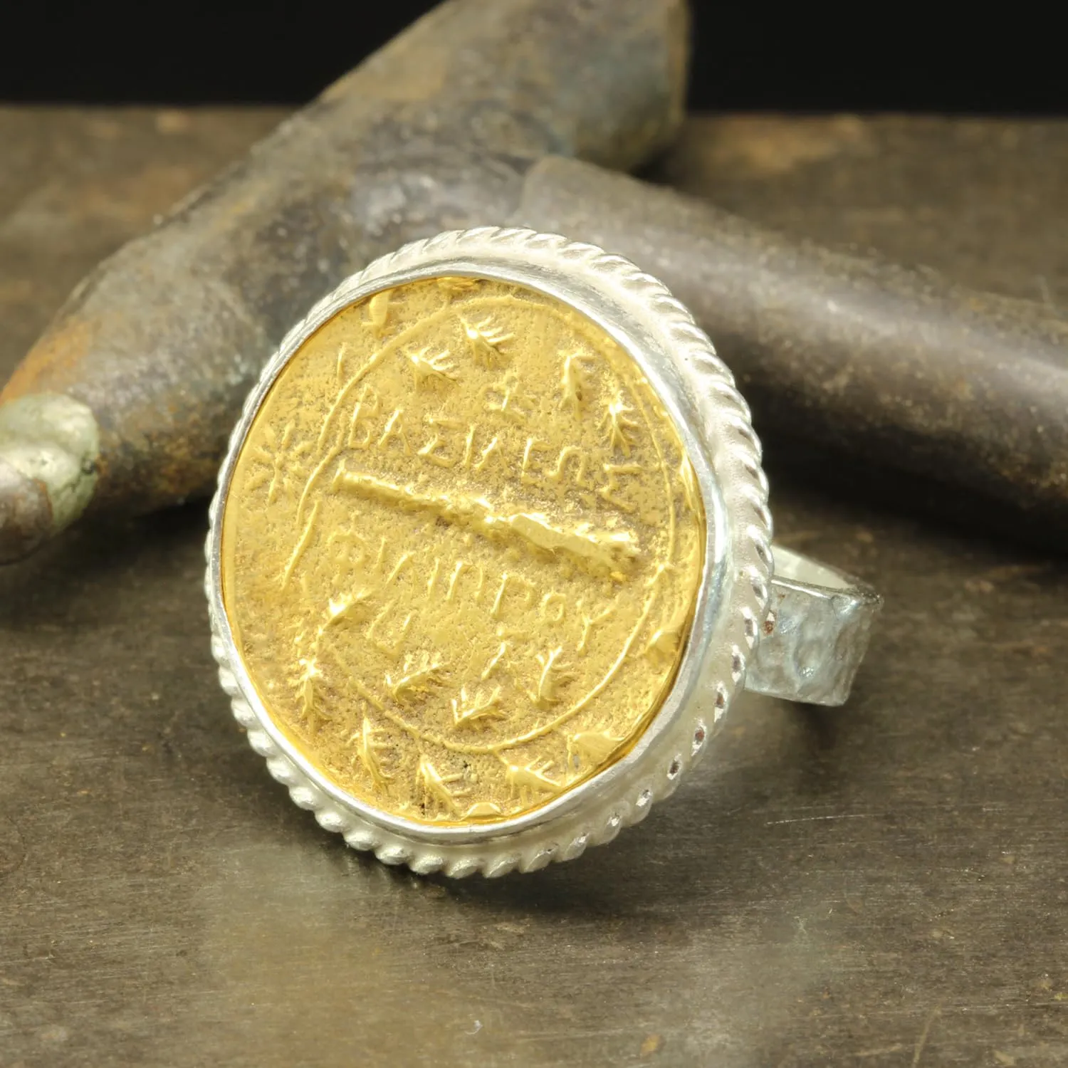 Designer Handmade pathetic audio Greek Art Turkish Fine Jewelry for Women Caprixus 925 Sterling Silver Signet Ring Ancient Macedonian Shield Coin 24K Gold Vermeil Two Tone Hammered Twisted Rope Setting 