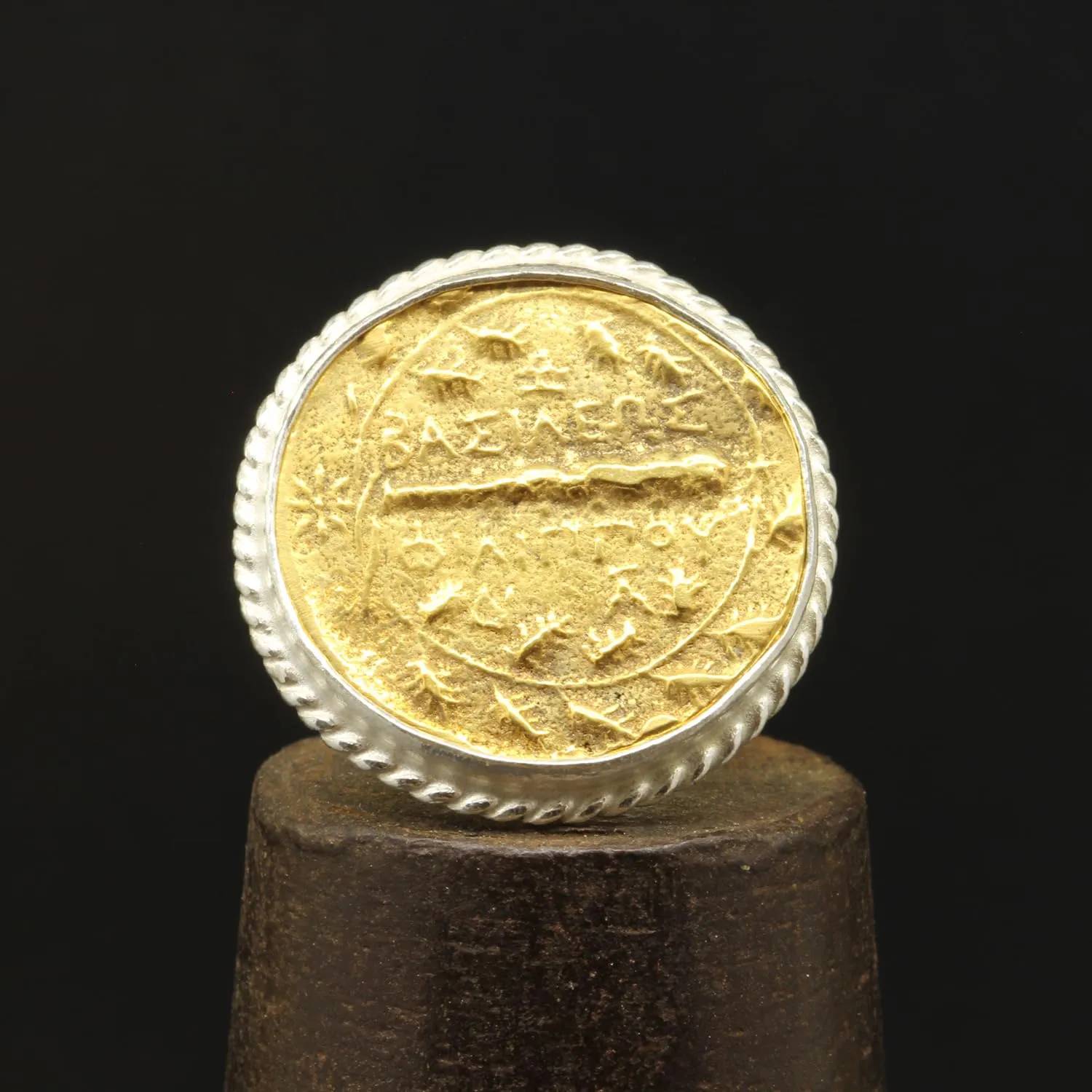 Designer Handmade pathetic audio Greek Art Turkish Fine Jewelry for Women Caprixus 925 Sterling Silver Signet Ring Ancient Macedonian Shield Coin 24K Gold Vermeil Two Tone Hammered Twisted Rope Setting 