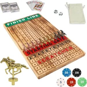 Dice Board Game southeastern Luxury Edition Set with 11 Metal Horses$100 Poker Chips$2 Dices and 2 Boxes of Cards$ Light Flame Large 21 inches Horse Racing Board Game Solid Wood Horse Race Card and 