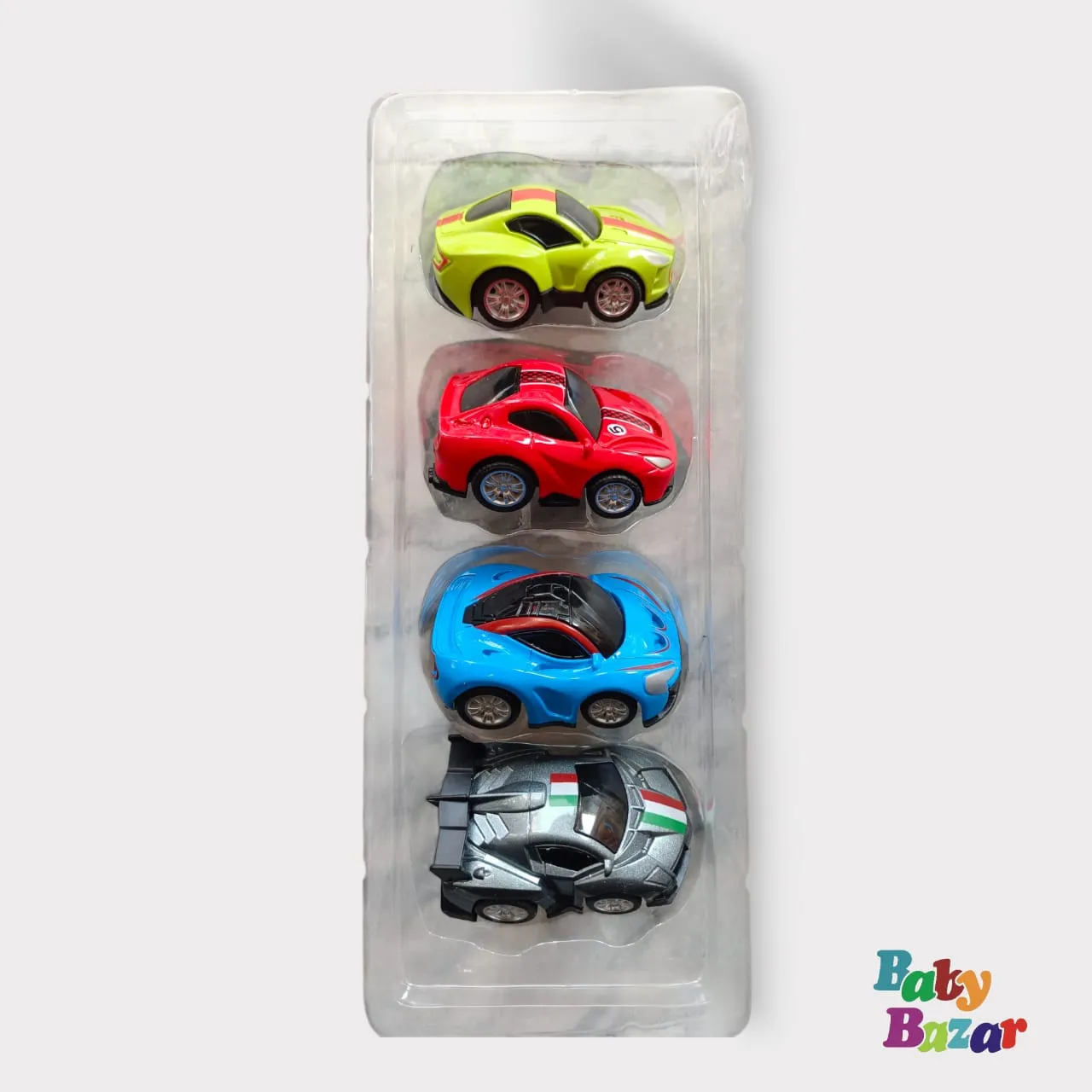Die-Cast Super Car Set – 4 Vibrant Pull-Back Mini Vehicles for Kids