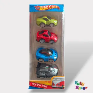Die-Cast Super Car Set – 4 Vibrant Pull-Back Mini Vehicles for Kids