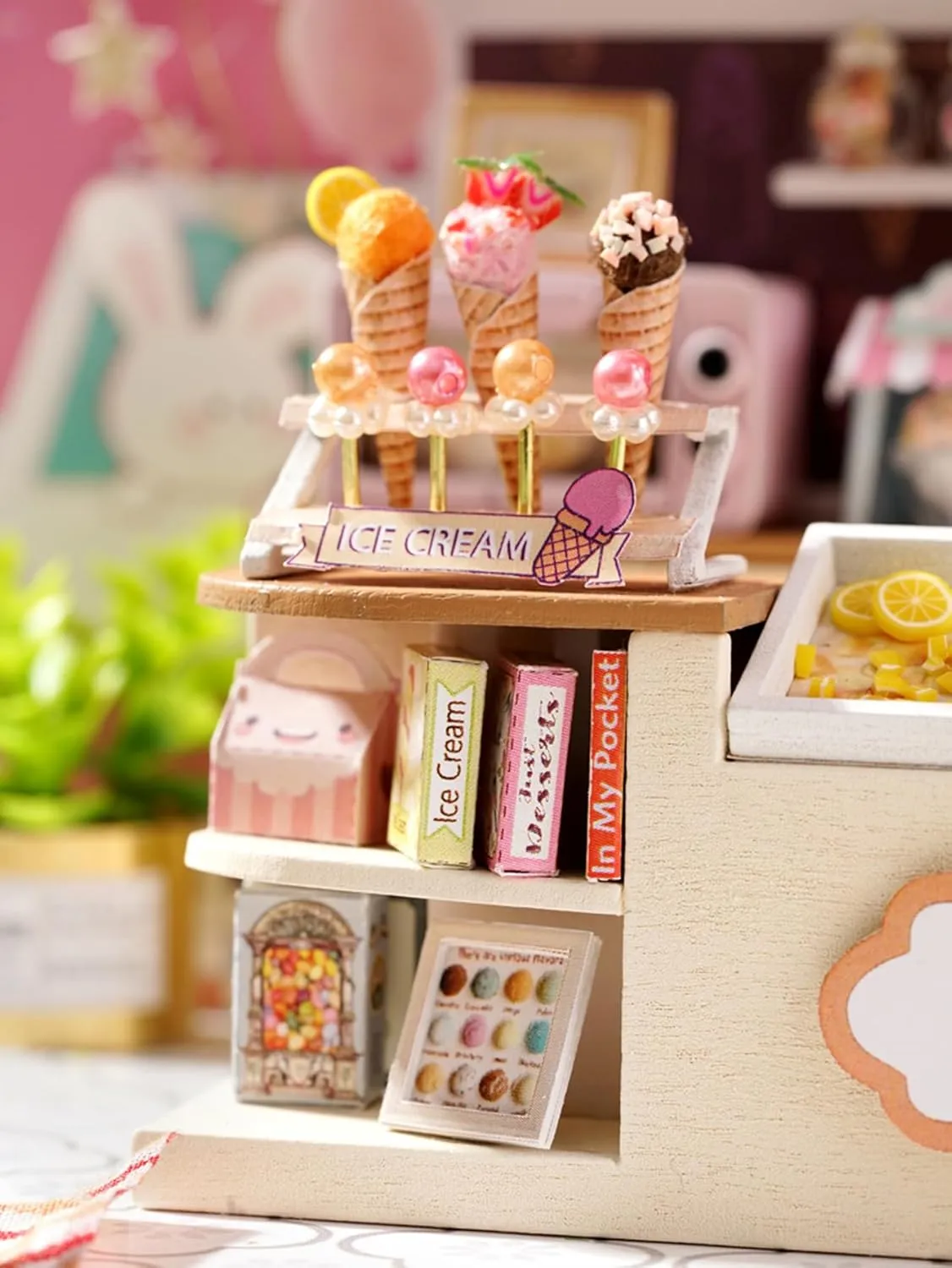 Doll House Accessories DIY Miniature House Kit (Happiness Ice Cream Shop) MAGQOO DIY Miniature Dollhouse variance optimal legend gouge Kit with Furniture 1:24 Scale Creative Room Mini Wooden 