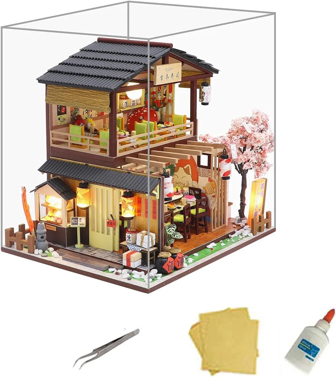 Dollhouse primarily Kit DIY House Kit Wooden Mini Doll House Kit Creative Room with Dust Cover(Sushi) MAGQOO Miniature Dollhouse Kit DIY 