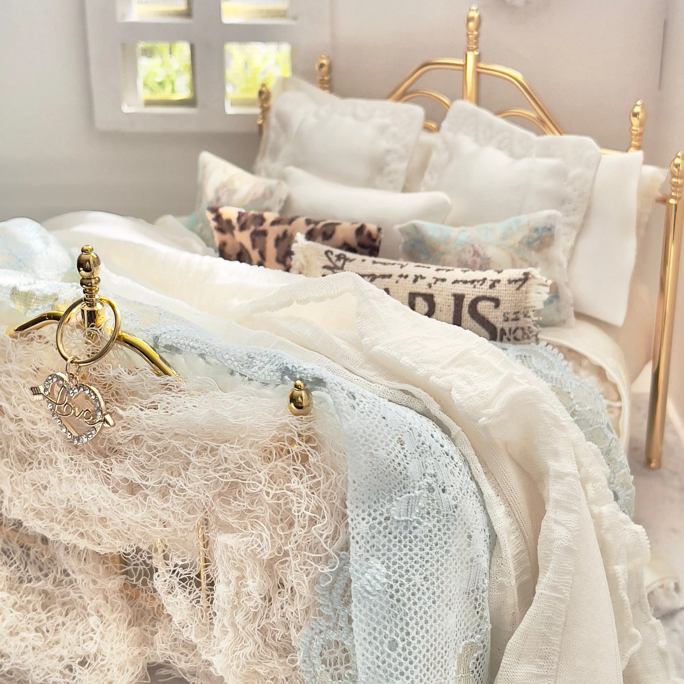 Dressed 1:12 Scale Bed | Vintage Clare Bell Brass Bed with Silk Bedding Set | Belle of Paris