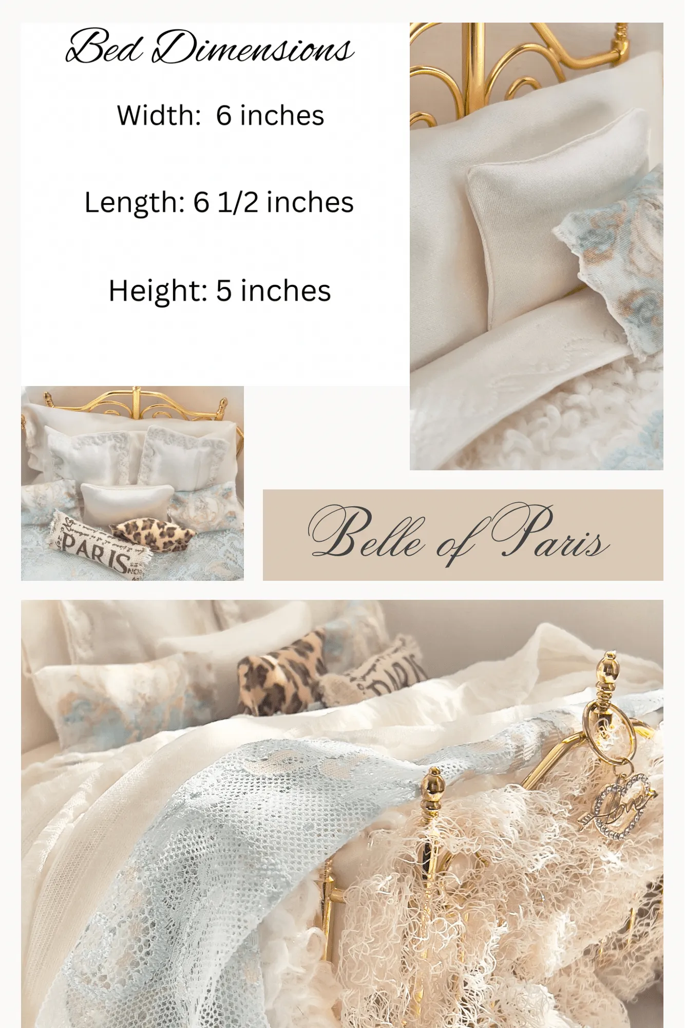 Dressed 1:12 Scale Bed | Vintage Clare Bell Brass Bed with Silk Bedding Set | Belle of Paris