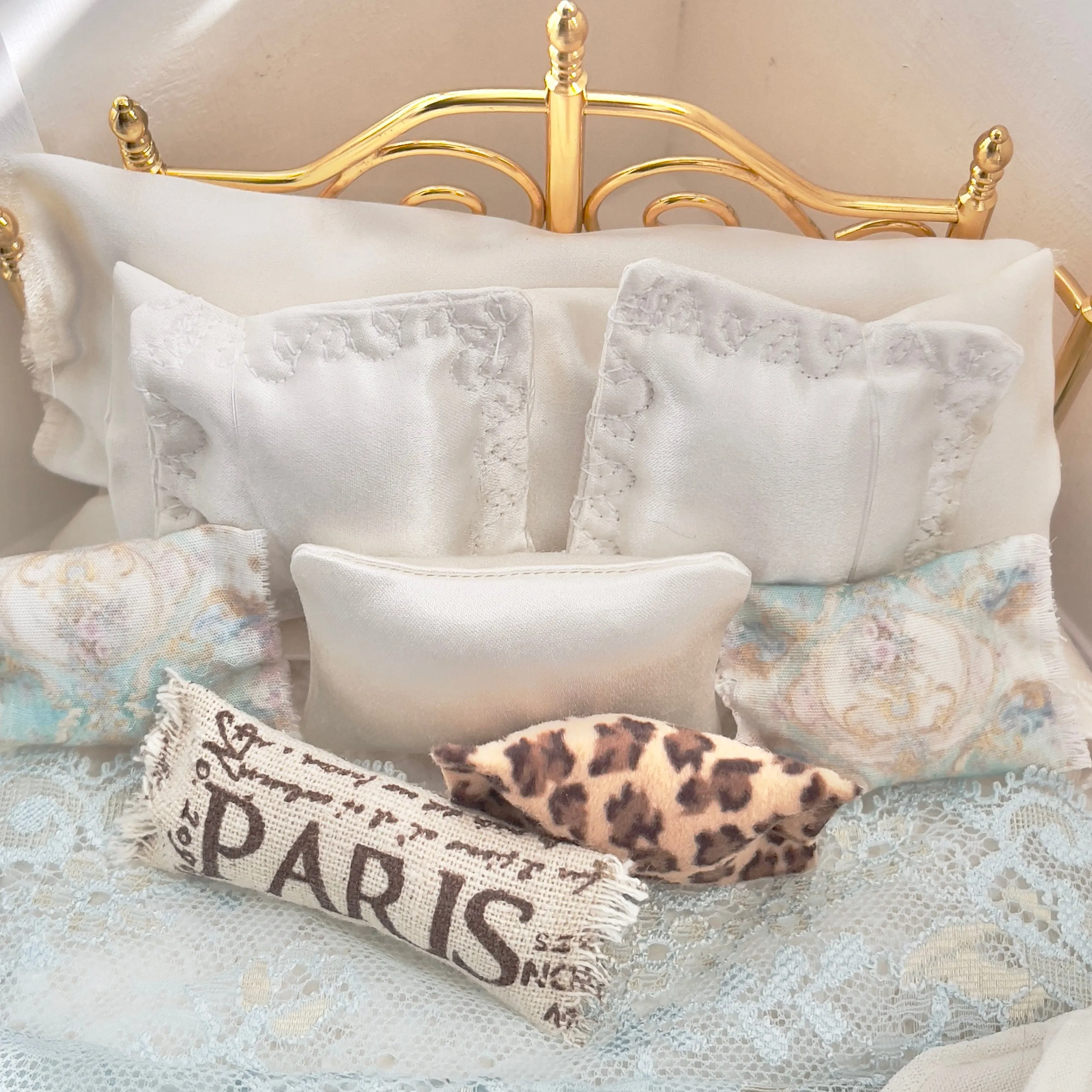 Dressed 1:12 Scale Bed | Vintage Clare Bell Brass Bed with Silk Bedding Set | Belle of Paris