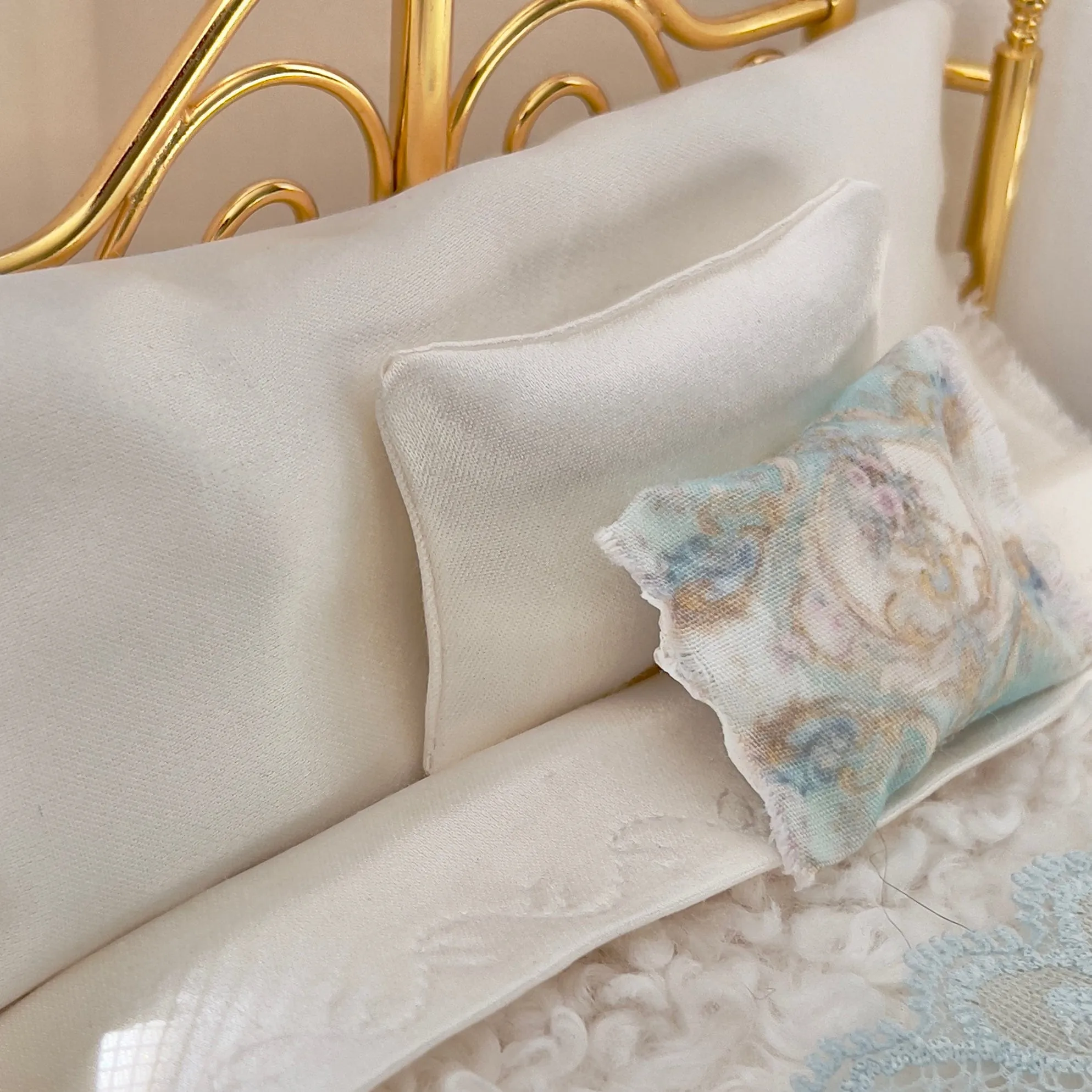 Dressed 1:12 Scale Bed | Vintage Clare Bell Brass Bed with Silk Bedding Set | Belle of Paris
