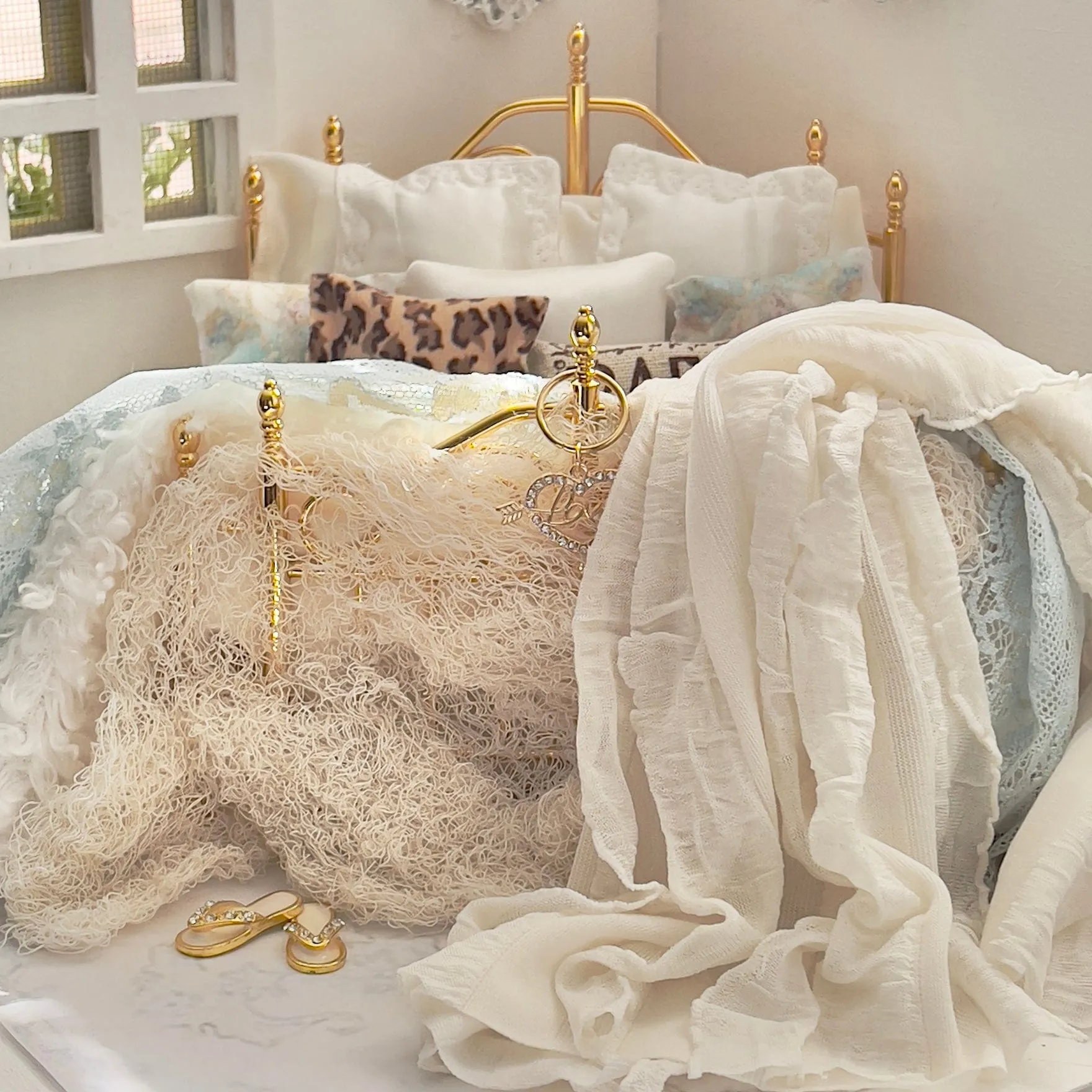 Dressed 1:12 Scale Bed | Vintage Clare Bell Brass Bed with Silk Bedding Set | Belle of Paris