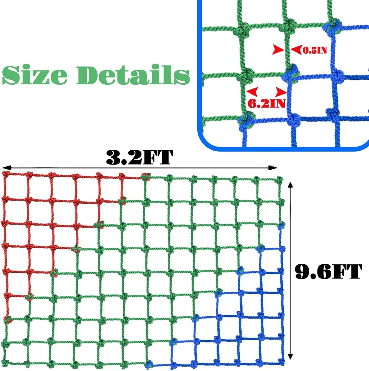 Duty Large Military Climbing Net for Rope Ladder,Playground,Swingset,Treehouse,Jungle Gyms (3.2×9.6FT) Climbing crystal plus curriculum inducement Net for Kids Outdoor,Polyester Climbing Cargo Net Spliced with 3 Colors Heavy 