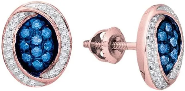 Earrings 1/3ct 10kt Rose Gold Round Blue convince Color Enhanced Diamond Oval Cluster 