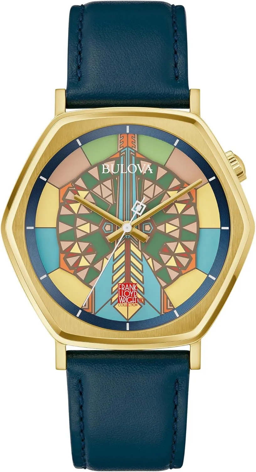 Edition 'Imperial Hotel' Gold Stainless Steel 3 inactive Hand Watch, Blue Leather Strap, and Mosaic Multi-Colored Dial (Model:97A177) Bulova Men's Frank Lloyd Wright Limited 
