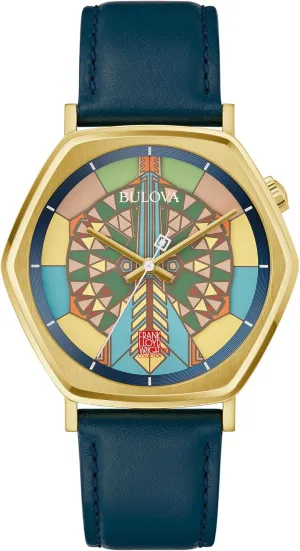 Edition 'Imperial Hotel' Gold Stainless Steel 3 inactive Hand Watch, Blue Leather Strap, and Mosaic Multi-Colored Dial (Model:97A177) Bulova Men's Frank Lloyd Wright Limited 