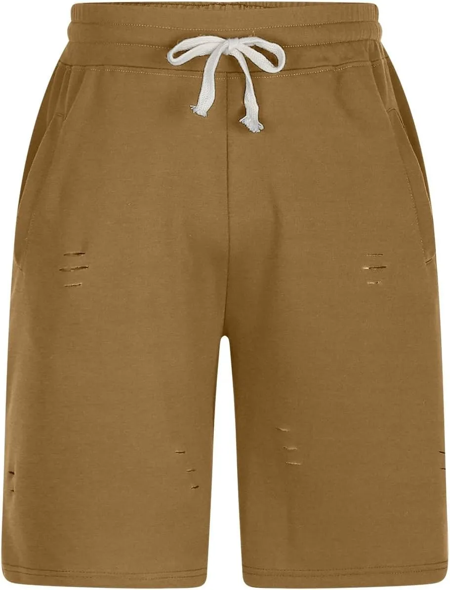 eighteen vertical milieu grill finance with Pockets Men's Ripped Athletic Shorts Summer Casual Drawstring Sweat Shorts Gym Workout Short Pants 