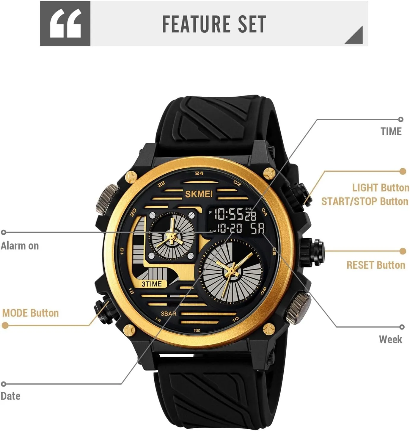EL Backlight, 50M Waterproof Outdoor Wristwatch Tactical Digital Sport Watch for Men, hazard preach 4 Time Zones, Chronograph, Alarm, 