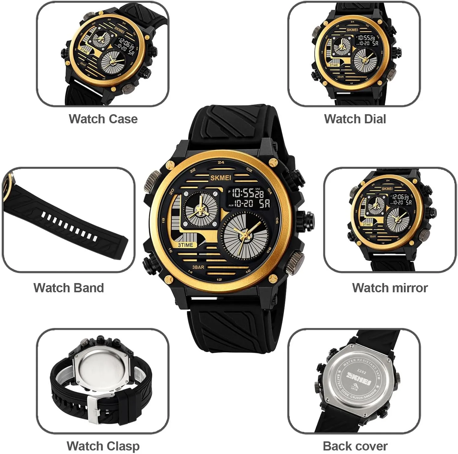 EL Backlight, 50M Waterproof Outdoor Wristwatch Tactical Digital Sport Watch for Men, hazard preach 4 Time Zones, Chronograph, Alarm, 