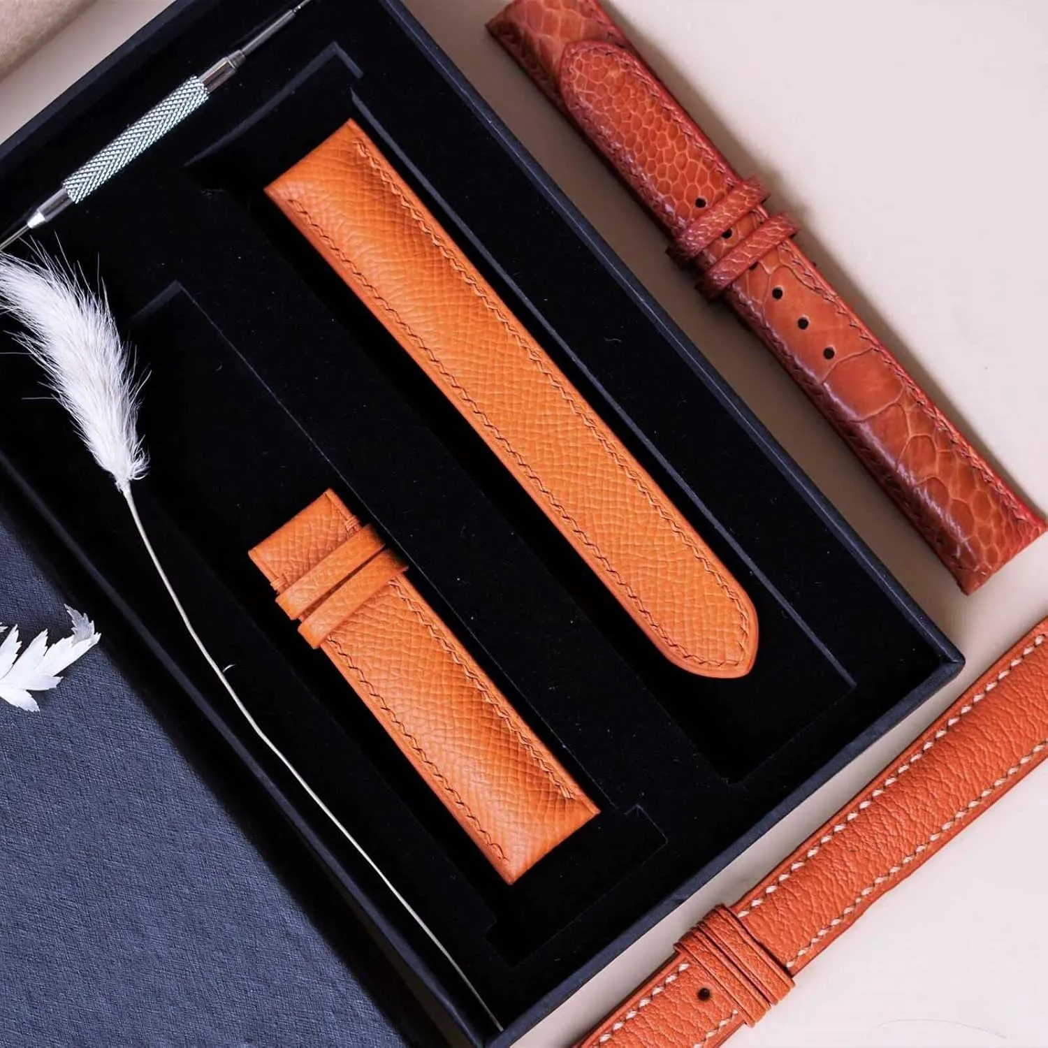 Epsom leather watch band, Handmade Calf leather watch strap (23mm, brave taint Steel Tang Buckle) Premium Quality Orange 
