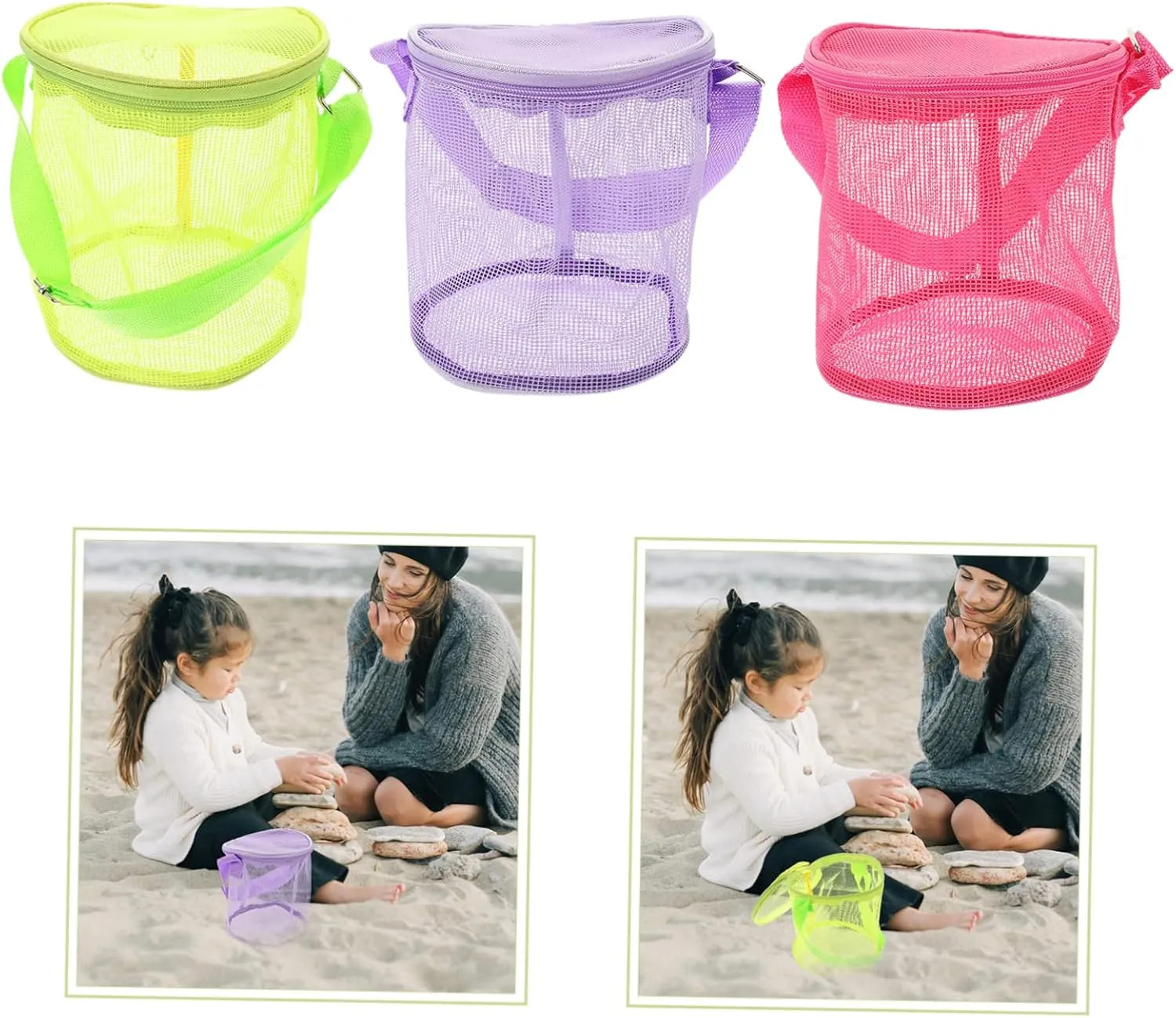 Essentials - High Capacity PVC Child Essentials Backpack 3-Pack Beach Storage Bags - Toddler Beach Toys jaw gorgeous Cage Mesh Shell Bags for Picking Up Shells, Snacks, 