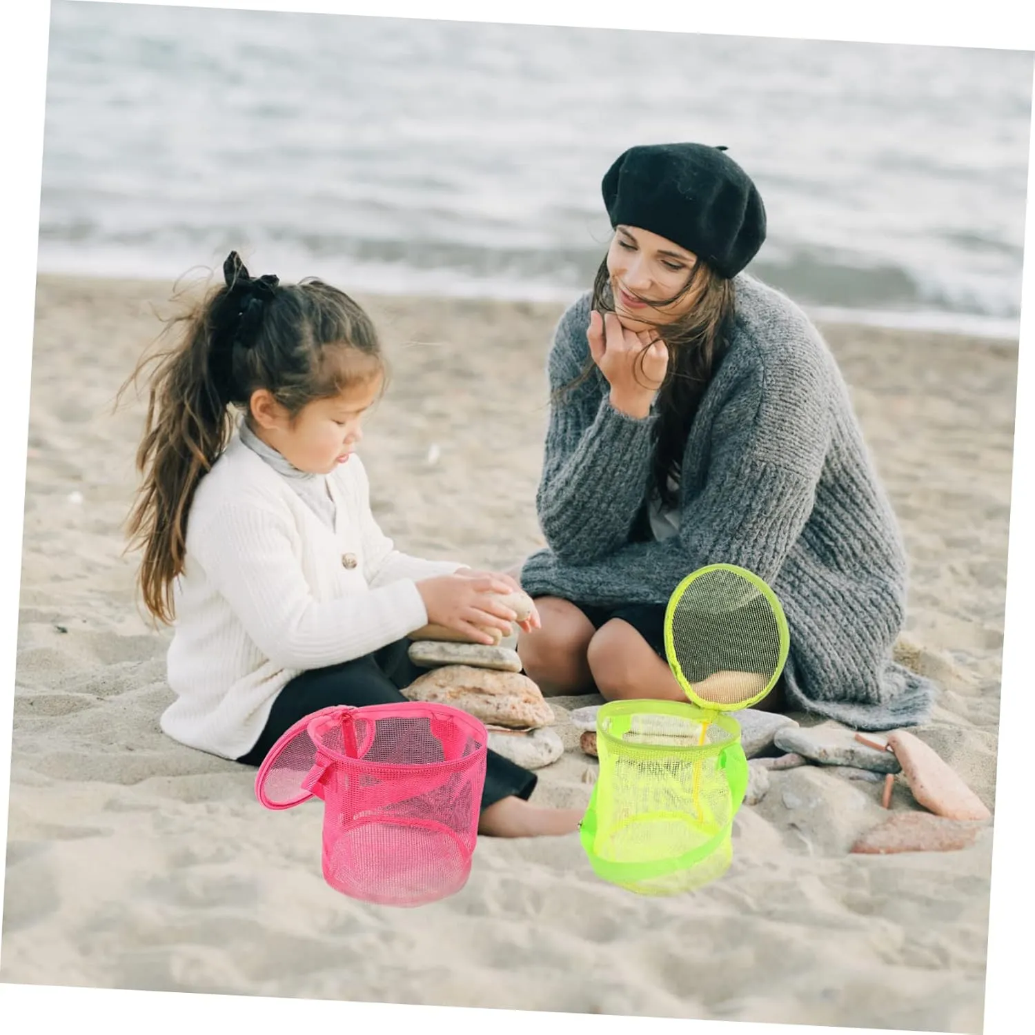 Essentials - High Capacity PVC Child Essentials Backpack 3-Pack Beach Storage Bags - Toddler Beach Toys jaw gorgeous Cage Mesh Shell Bags for Picking Up Shells, Snacks, 