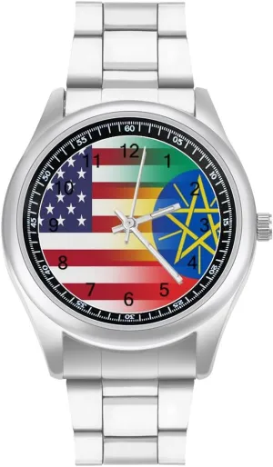 Ethiopia Flag Stainless Steel Strap Simple Business Watches for Men Easy Reader Work Casual interrupt Watch U.S.A 