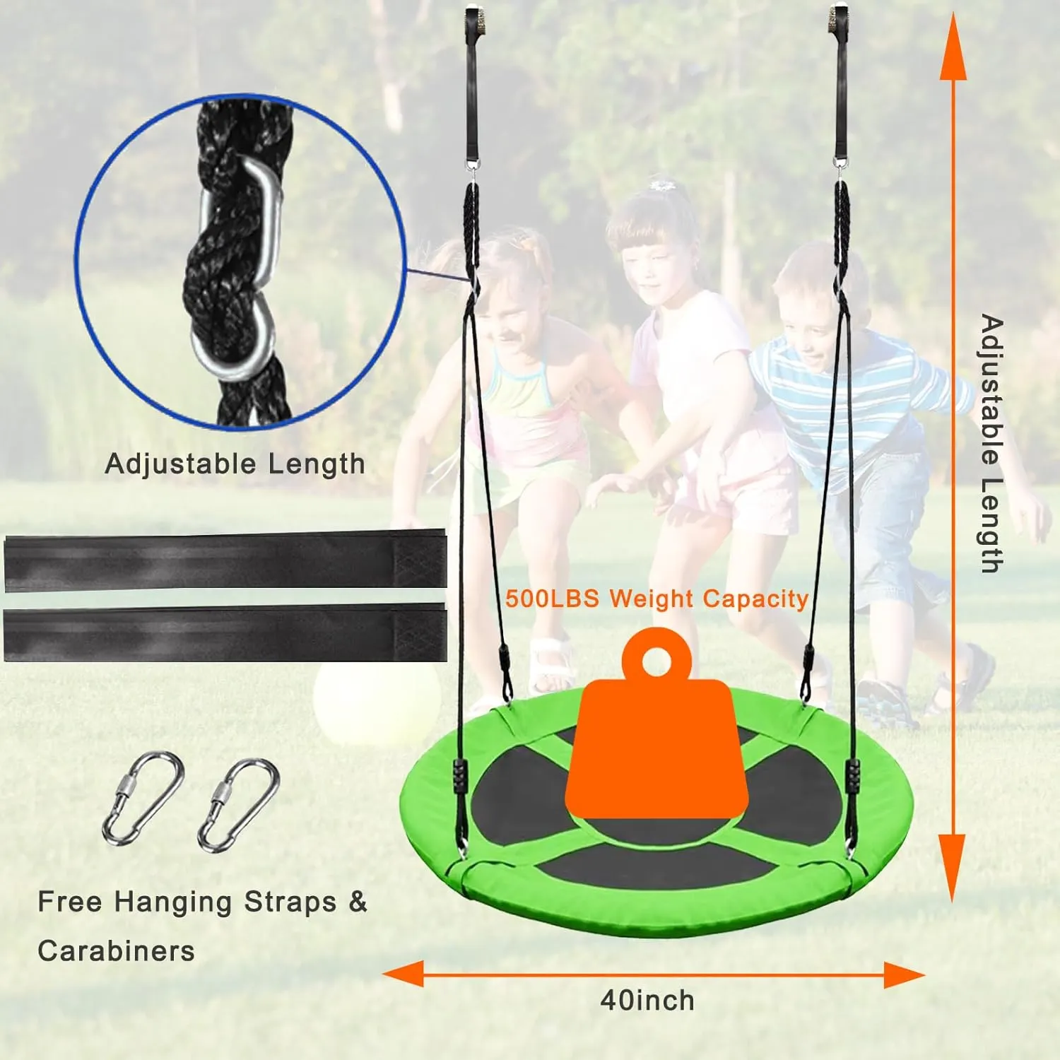 Fabric & Reinforced Rope Holds 500lbs��Green�� 40" Saucer increasingly windmill Tree Swing for Kids Outdoor - Heavy-Duty Steel Frame$ 900D Oxford 