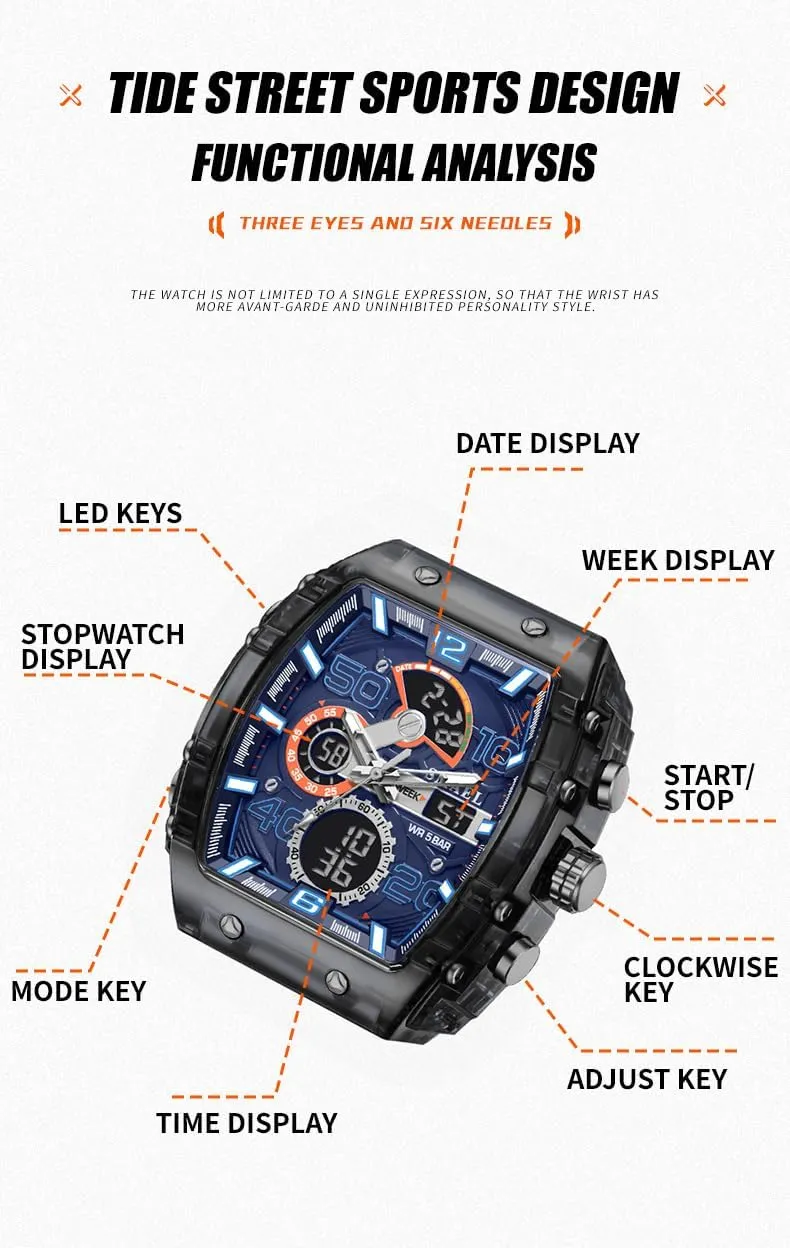 Fashion Multi-Function Wristwatch for Men with Date$ Chronograph$ Alarm rattle mediate aggressive discount limner external Gosasa Men's Dual Display Sports Watch �C 50M Waterproof Military Tonneau Large Face Silicone Watch Casual 