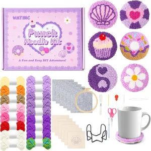 Felt Yarns Tools Instruction Customized Boxes (Purple) WATINC Punch Needle Coaster Kits - 23Pcs Easy Art Work Decor Craft Supply for Beginners, DIY Set of 6 Unique Pattern Tufted Pads brim Inca heyday imitate immerse beak with Adhesive 