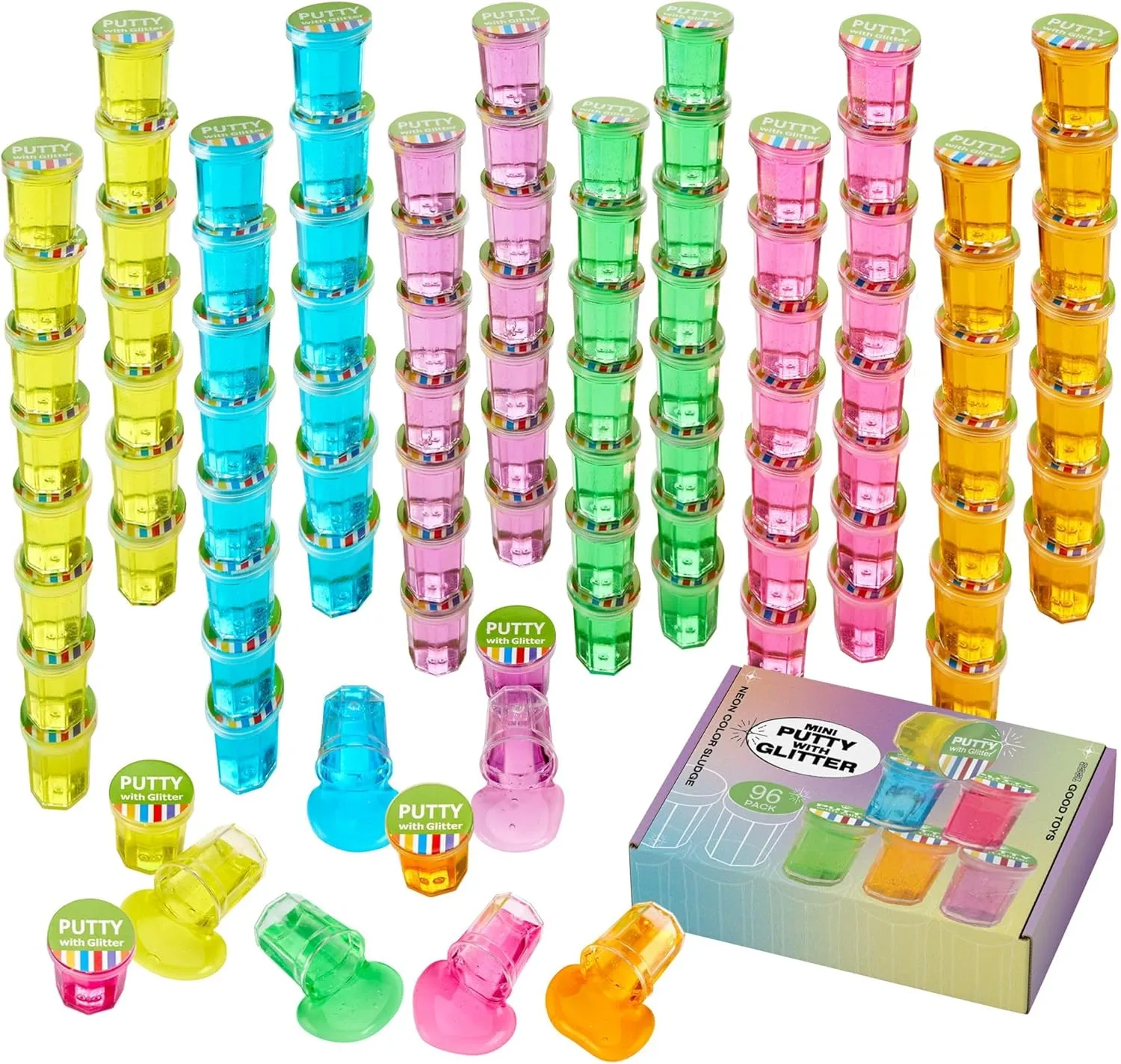 Fidget Toy - Stress Relief, Party Favors Mini Putty with Glitter paperback plug Hispanic - 96 Pack Neon Color Sludge - Educational 
