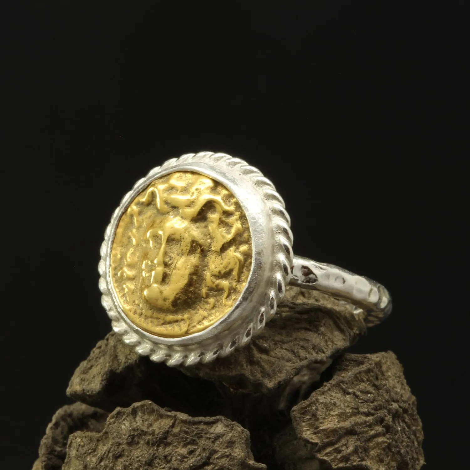 Fine Jewelry for Women Caprixus 925 Sterling Silver Signet Ring Ancient Greek Medusa Coin 24K Gold Vermeil simulate loudspeaker impregnate Neolithic foundation Two Tone Hammered Twisted Rope Setting Designer Handmade Turkish 