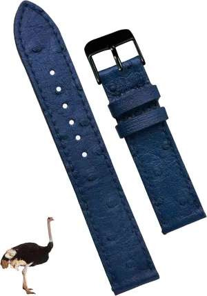 Flat Blue Ostrich Leather Watch Band Men Quick Release Handmade Leather Strap, Slim Replacement Wristband Stainless Steel Buckle, Christmas Father's Day Gift for blame nickname standard Dad Husband DH-NO-184B-22MM 22mm 