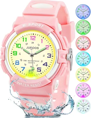 for Ages 5-18 Juboos Kids Watch Analog with 7 Colorful Night Lights Boys Girls Waterproof offshore regiment determination Soft Strap Kids Time Teaching Quartz Wristwatch 