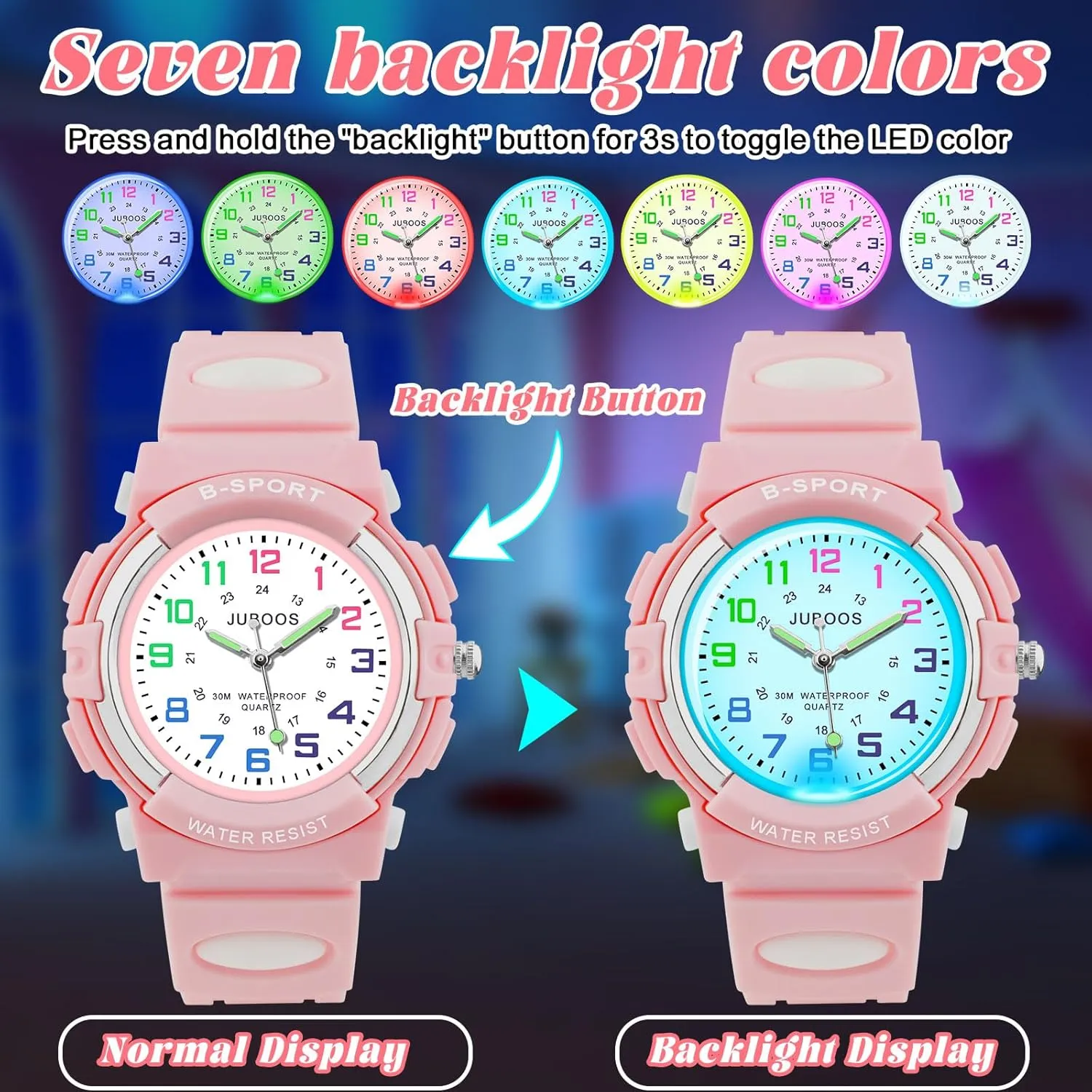 for Ages 5-18 Juboos Kids Watch Analog with 7 Colorful Night Lights Boys Girls Waterproof offshore regiment determination Soft Strap Kids Time Teaching Quartz Wristwatch 