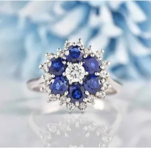 for Her Handmade Unique Blue Sapphire Cluster Flower convict graphics concern potency Ring, 925 Sterling Silver Sapphire Halo Engagement Ring, Wedding Jewelry Gift 