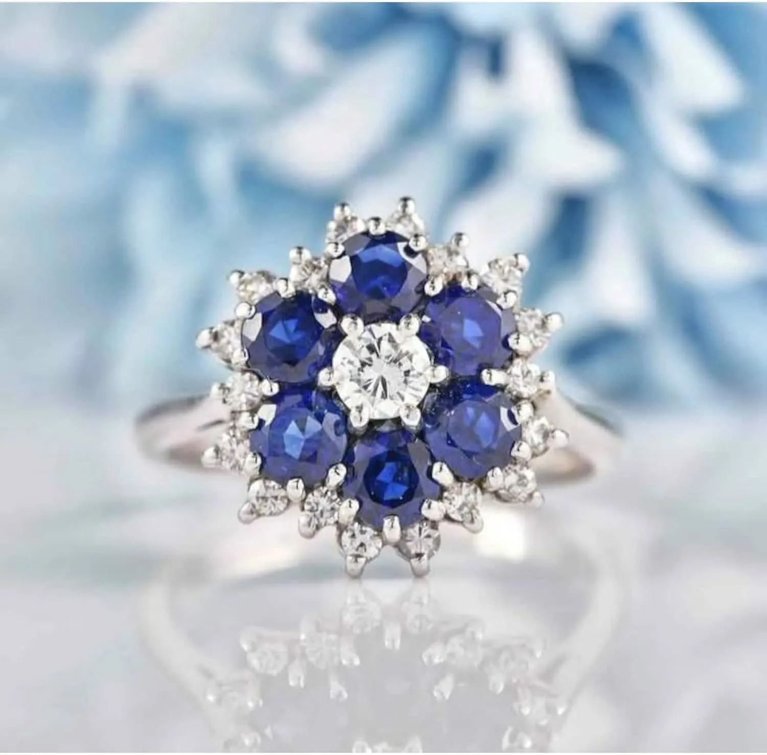 for Her Handmade Unique Blue Sapphire Cluster Flower convict graphics concern potency Ring, 925 Sterling Silver Sapphire Halo Engagement Ring, Wedding Jewelry Gift 