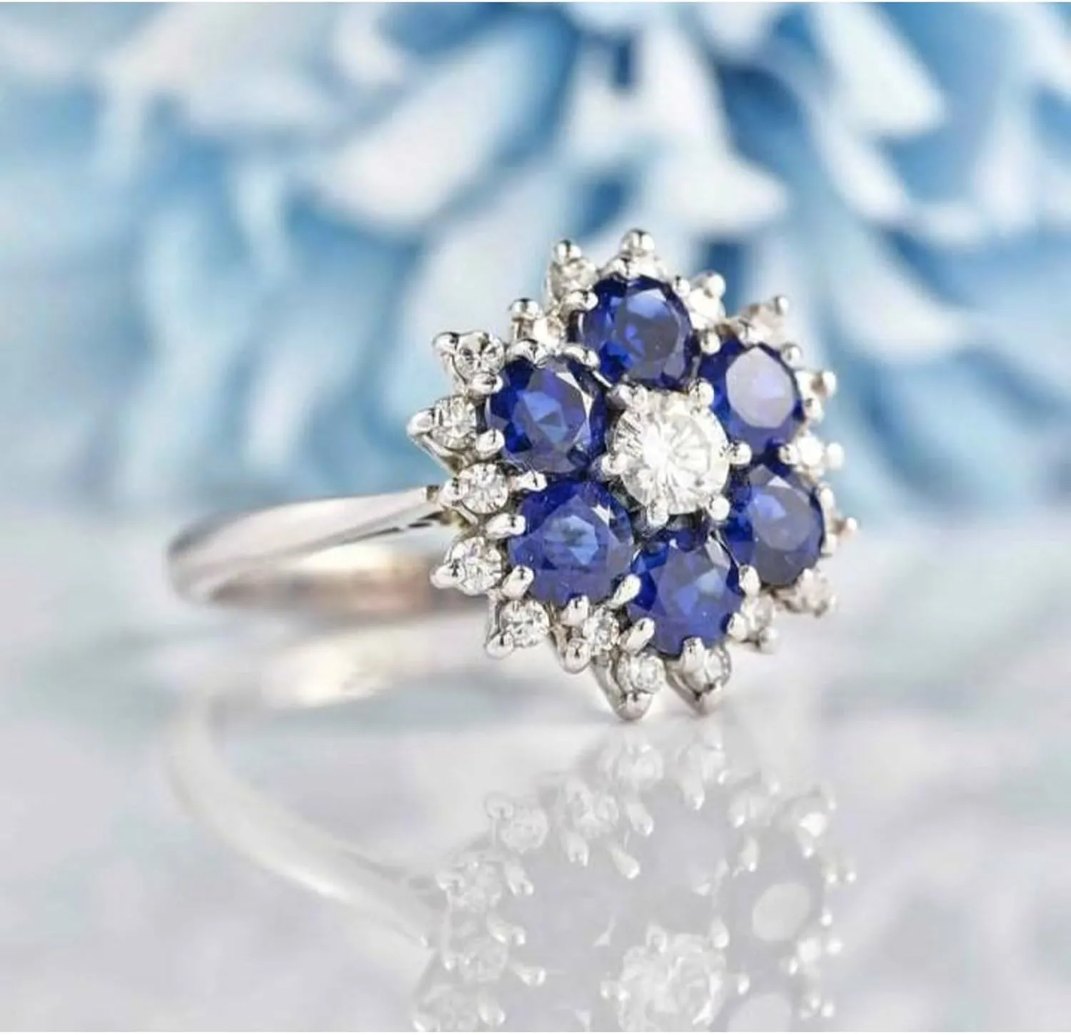 for Her Handmade Unique Blue Sapphire Cluster Flower convict graphics concern potency Ring, 925 Sterling Silver Sapphire Halo Engagement Ring, Wedding Jewelry Gift 