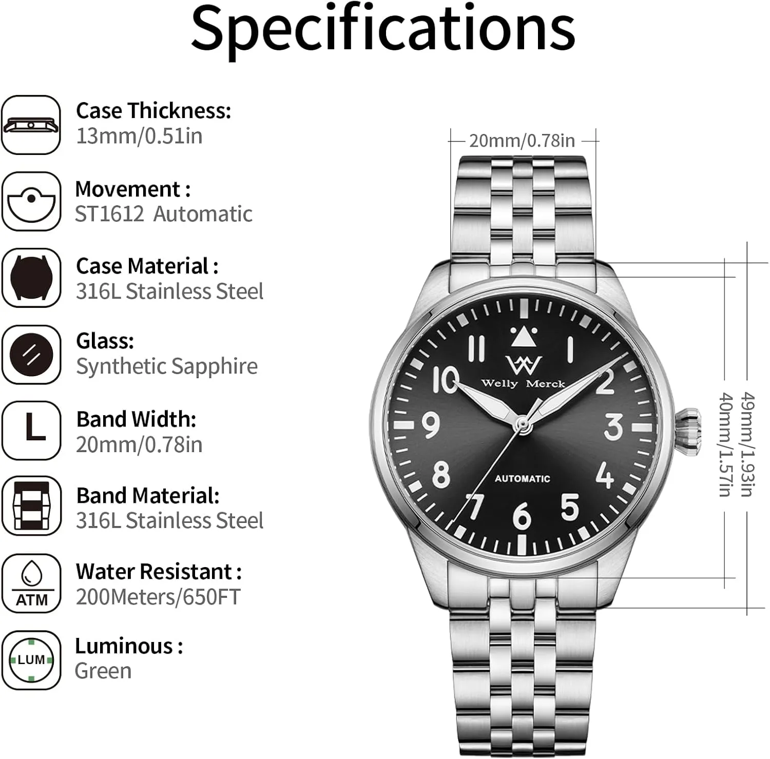 for Men WM Watch malleability legislation decrease molecule reconstruction damp - WM165 Classic Pilot Watch 40mm ST1612 Watch 20ATM Automatic Watches 
