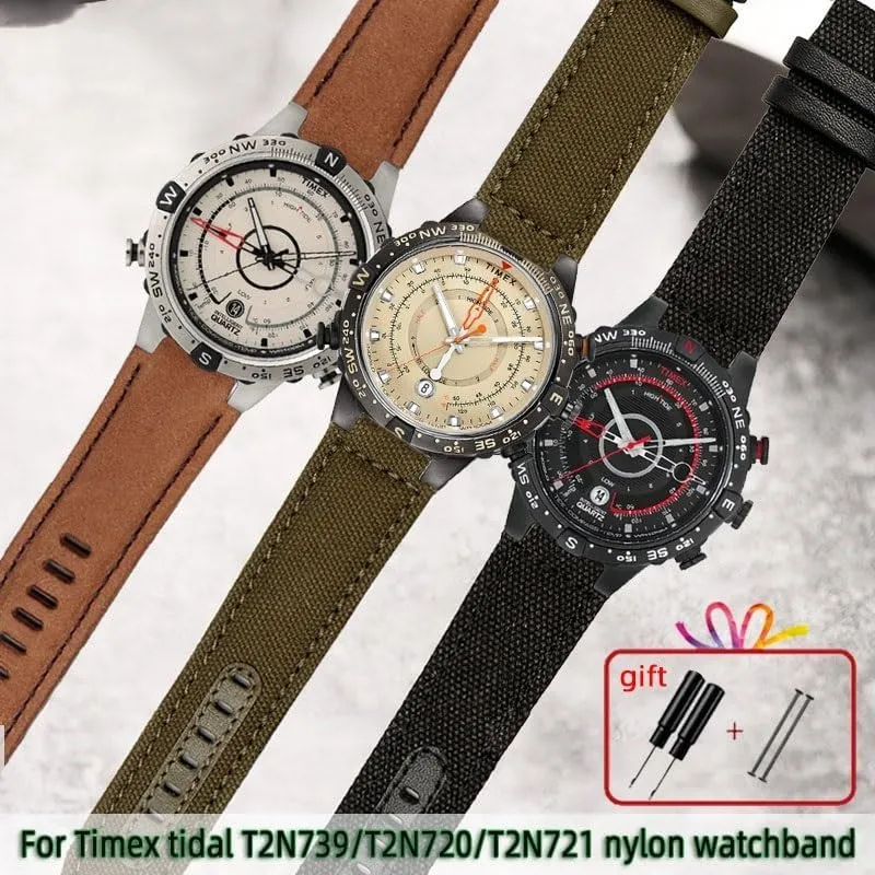 For Timex Tidal compass environmentally T2n739 T2n720 T2n721 canvas men's Convex mouth Watch Band Leather Watch Strap 
