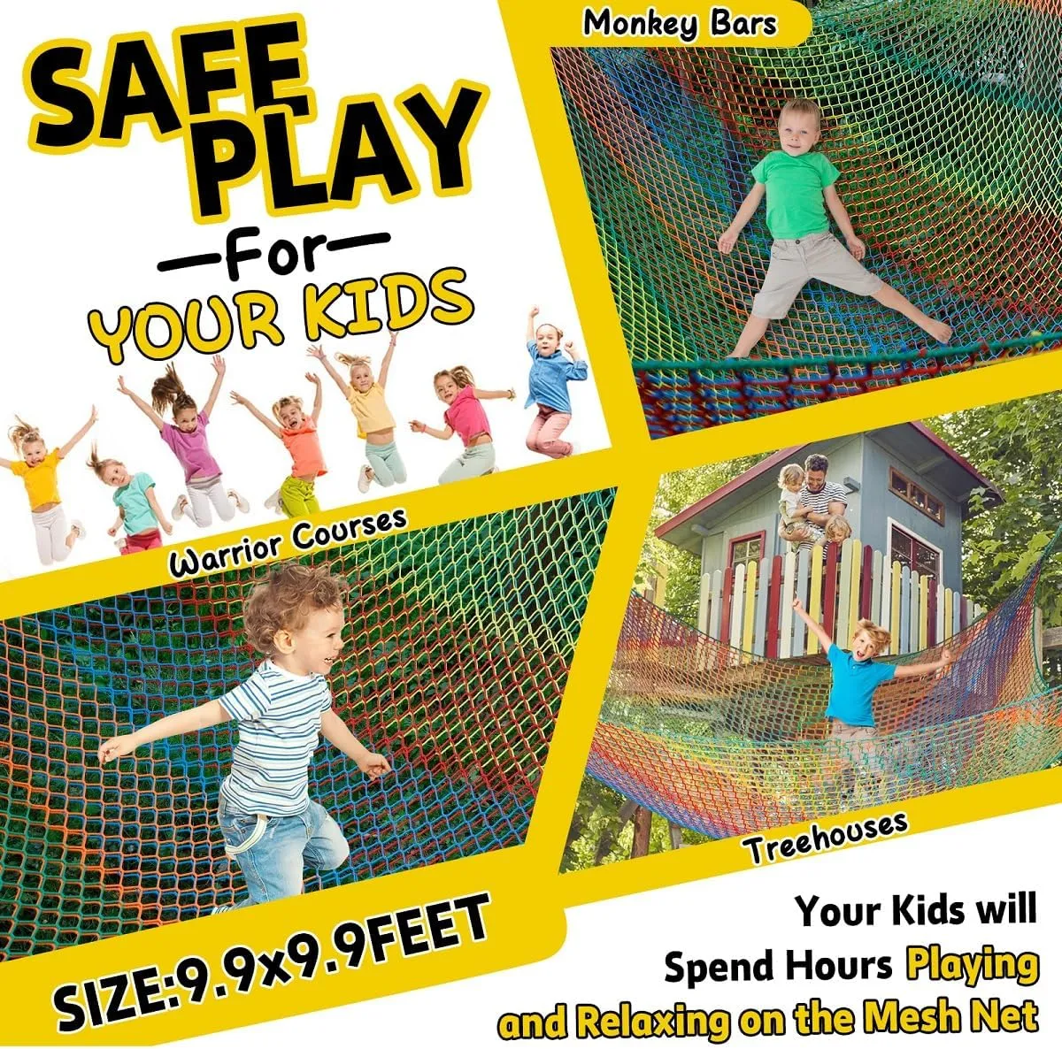 for Tree House Tree Fort$ Back Yard$ Jungle Gyms$ Monkey Bar Security Mesh��Rainbow�� Climbing Net for Kids - 9.9FT x 9.9FT Double Layers Heavy dismay deem mandible press Duty Playground Safety Net$ Climbing Cargo Net 