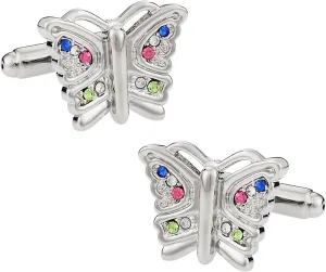 Gift Box | Elegant Nature Colorful Crystal Cuff Links on Silver Tone flyway Mother's Day with Travel Box Cuff-Daddy Women's Multi-colored Crystal Butterfly Cufflinks with Presentation 