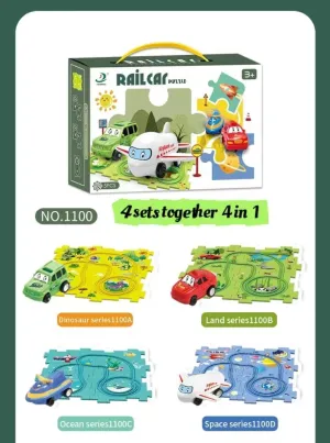 Gift for Boys Girls 4 Sets 4in1 Puzzle Racer Kids Car Track Set,4 Theme Jigsaw Puzzle Racer Car Track Set Puzzle Track Car Play Set Puzzle Raceway Car Track Preschool Gifts Iraq noble for Kids Christmas Birthday 