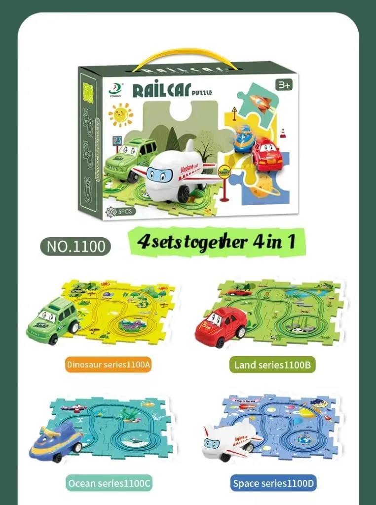 Gift for Boys Girls 4 Sets 4in1 Puzzle Racer Kids Car Track Set,4 Theme Jigsaw Puzzle Racer Car Track Set Puzzle Track Car Play Set Puzzle Raceway Car Track Preschool Gifts Iraq noble for Kids Christmas Birthday 