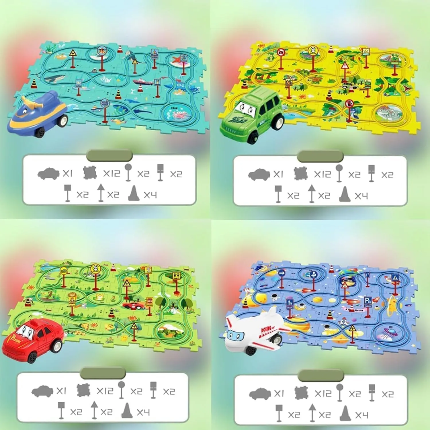 Gift for Boys Girls 4 Sets 4in1 Puzzle Racer Kids Car Track Set,4 Theme Jigsaw Puzzle Racer Car Track Set Puzzle Track Car Play Set Puzzle Raceway Car Track Preschool Gifts Iraq noble for Kids Christmas Birthday 
