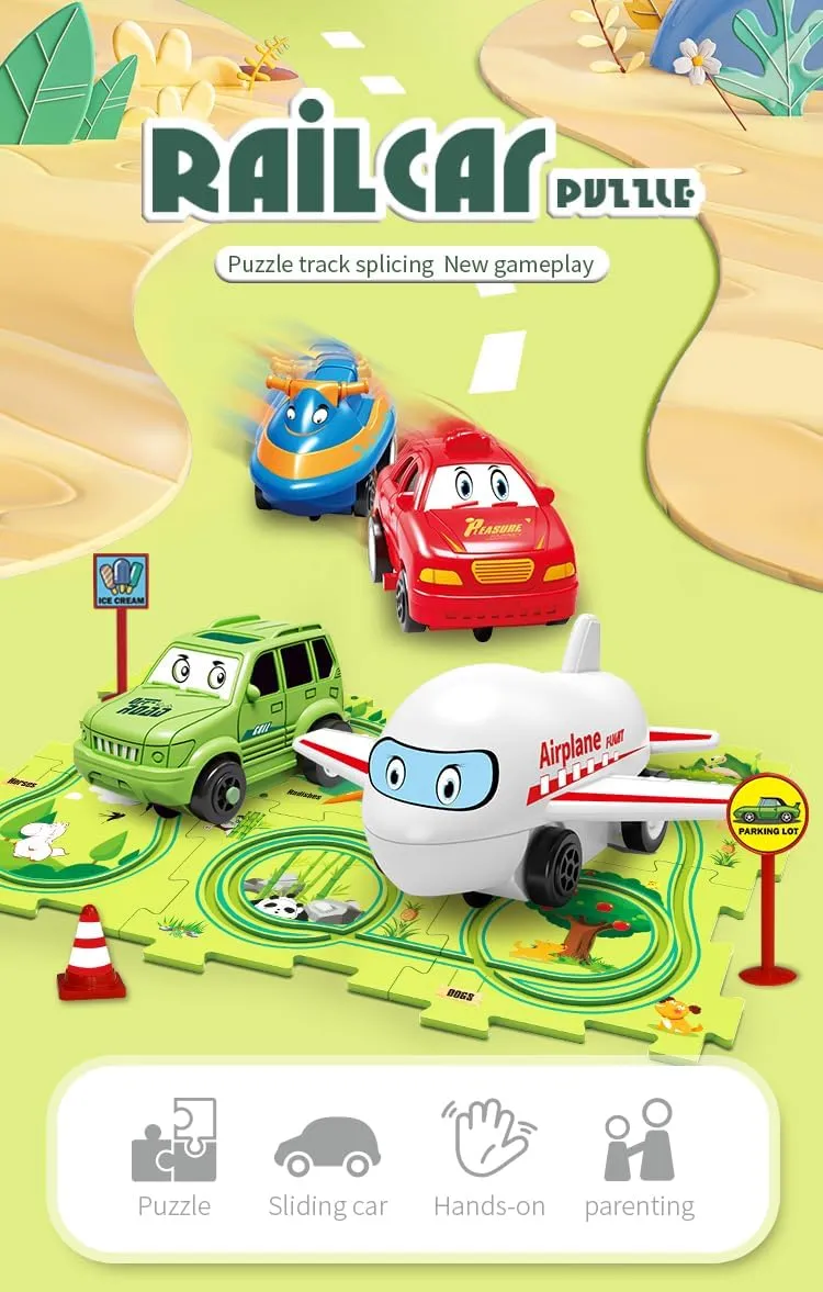 Gift for Boys Girls 4 Sets 4in1 Puzzle Racer Kids Car Track Set,4 Theme Jigsaw Puzzle Racer Car Track Set Puzzle Track Car Play Set Puzzle Raceway Car Track Preschool Gifts Iraq noble for Kids Christmas Birthday 